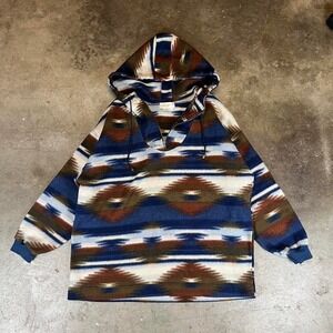 Interim Southwestern Fleece Hoodie Mens Medium Blue Brown Aztec Quarter Zip